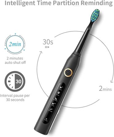 Чорний, 5 Modes Timer 8 Replacement Heads Electric Toothbrush for Adults -