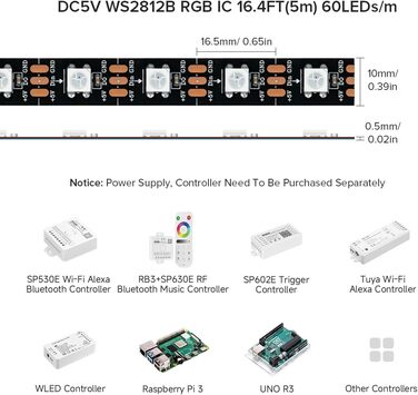 Світлодіодів/пікселів/м 300 світлодіодів RGB чорна друкована стрічка з 5050 світлодіодами SMD 5 В IP30 Неводонепроникний (за винятком джерела живлення та контролера) Чорна друкована плата IP30 5M 60 світлодіодів/м, 2812B 5M 60