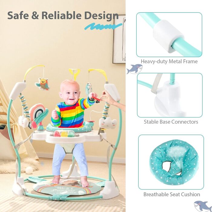 Ходунки для немовлят LIFEZEAL, Jumperoo Baby з сидінням, що обертається на 360, регульовані по висоті ходунки з 9 іграшками, ігровий центр Jungle з підсвічуванням і мелодіями, для немовлят і малюків, синій