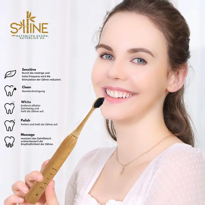 Електрична бамбукова ЗУБНА ЗУБНА ЩІТКА SHINE з ЧОХАЛОМ Сертифікат IPX 7 Сталий стоматологічний догляд з 2 бамбуковими щітками До 8 тижнів POWER 5 режимів очищення Таймер на 2 хв