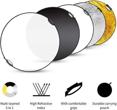 Фотовідбивач 5-в-1, розбірний портативний розсіювач світла, круглий/овальний рефлектор різних розмірів для рефлектора Fotostudio (розмір 30см срібло-золото)