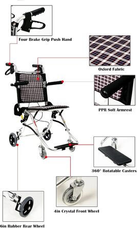 Зручне та стійке інвалідне крісло, надлегке інвалідне крісло для людей похилого віку, розбірне транспортне крісло з підставками для ніг, портативний візок для інвалідів, сидіння 13,5 дюймів, 1