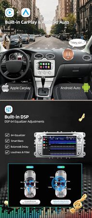 Автомобільна стереосистема YUNTX Android 12 для Ford Focus/Mondeo/S-Max/Connect (2008-2011) Радіоприймач з GPS Navi-CarPlay/Android Auto/Bluetooth 5.0/DAB/USB/WiFi/4G/Mirrorlink-Free камераCanbusMIC-2 Din IPS 7 дюймів (4G64G-сріблястий)