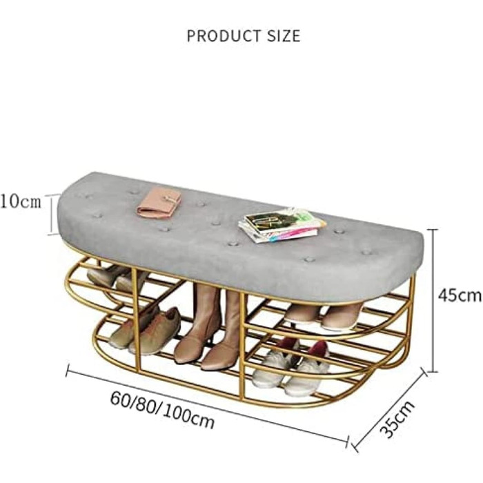 Сучасна м'яка лавка для взуття, металева полиця для взуття з оксамитовим декором сидіння Меблі для вітальні, сірий, 100X35X45 см сірий 100x35x45 см (39x14x18 дюймів)