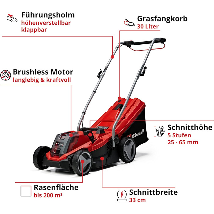 Акумуляторна газонокосарка Einhell GE-CM 18/33 Li Kit Power X-Change (18 В, ширина скошування 33 см, до 200 м, безщіткова, травозбірник 30 л, висота скошування 25-65 мм, в т.ч. акумулятор 4,0 Ач зарядний пристрій) в т.ч. акумулятор і зарядний пристрій 4,0