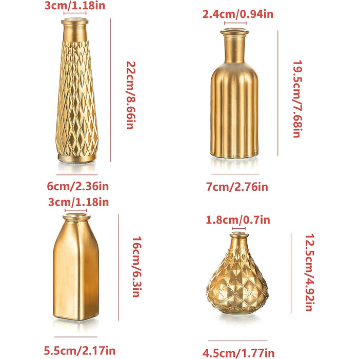 Позолочена скляна ваза Золоті вази Маленька ваза набір з 4, сучасні міні-скляні вази весільні прикраси Розкішна ваза для квітів для прикраси столу, художні креативні ідеї подарунків 22см 4 шт. золото