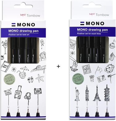 Ручка для малювання Tombow Fineliner MONO, набір Bundle, пігментне чорнило, водо- та світлостійкість, для ескізів, для ілюстрації та малювання, чорна, набір з 8 шт.