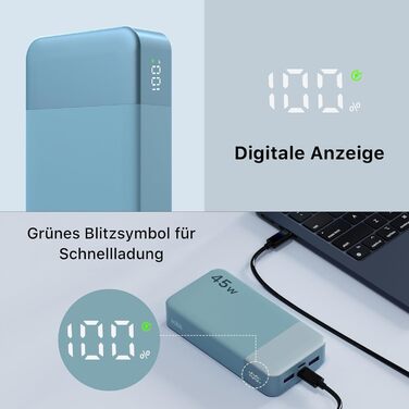 Зовнішня батарея мобільного телефону 45 Вт, швидка зарядка, зовнішня батарея з C-C кабелем, портативний зарядний пристрій із цифровим дисплеєм для телефону, ноутбука Android тощо (синій), 20000mAh