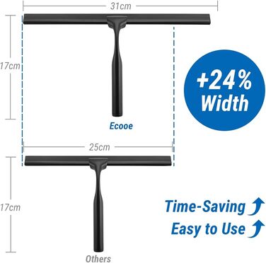Душовий склоочисник ecooe з нержавіючої сталі подовжений 31 см чорний ракель для душу без свердління віконний ракель зі стінною вішалкою Склоочисник для ванної кімнати 2 змінні губи Силіконовий ракель для душу для миття дзеркального вікна Glass Prime