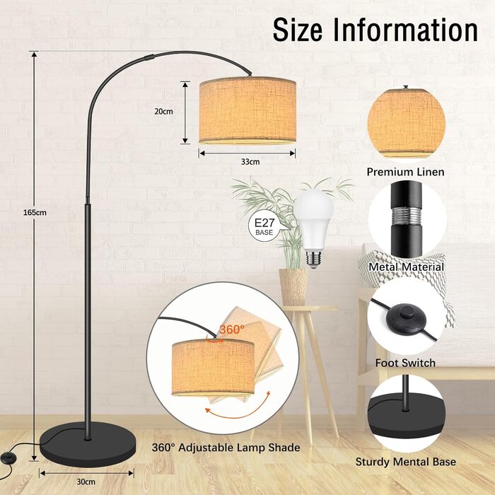 Торшер для вітальні Fortand Arc Lamp, світлодіодний торшер з 3 колірними температурами 12 Вт E27 Arc Lamp Сучасний торшер Лампа для читання з лляним абажуром і ножним перемикачем Ретро для спальні