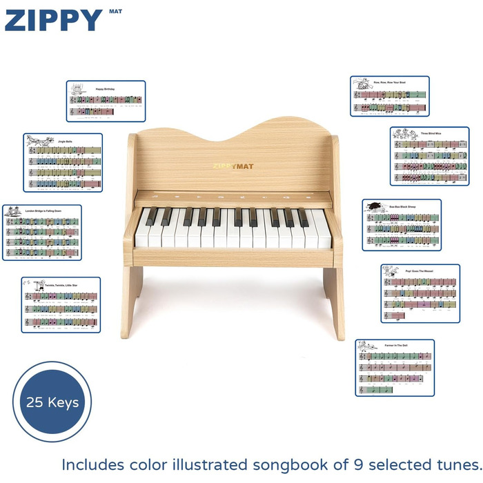 Дитяча клавіатура для піаніно ZIPPY MAT, 25 клавіш, сенсорна панель управління, регульована гучність, міні музичний навчальний інструмент, дерев'яне піаніно для малюків, дівчаток, хлопчиків (Дуб)