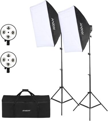 Набір софтбоксів Фотостудія, Набір освітлення Andoer Softbox, 2 x 50 x 70 см Softbox з 2 x 4 в 1 тримачем для лампи, 2 x 2M світловий штатив, сумка для перенесення для студійного портрета, предметна зйомка, модне фото, YouTube