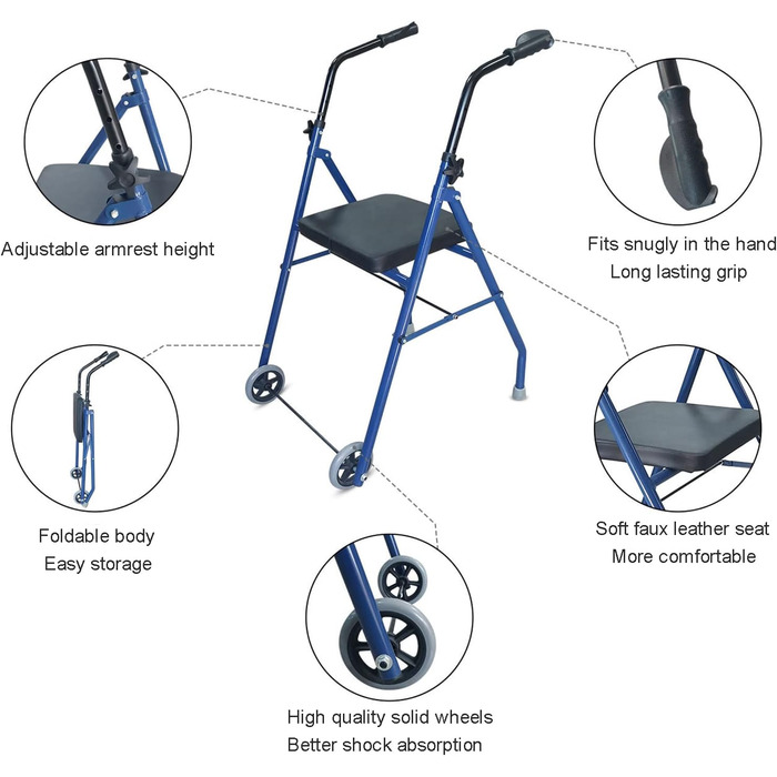 Допоміжні засоби для ходьби Mobility Walker для людей похилого віку з сидіннями та 2 колесами, розбірний допоміжний засіб для ходьби, рама для ходьби, регульований по висоті, легкий, для людей похилого віку та інвалідів, синій