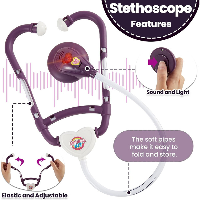 Дитячий набір лікаря BUYGER з електричним стетоскопом термометром, медична іграшка, рольова гра ветеринарного лікаря, подарунок для дітей 3 років, фіолетовий