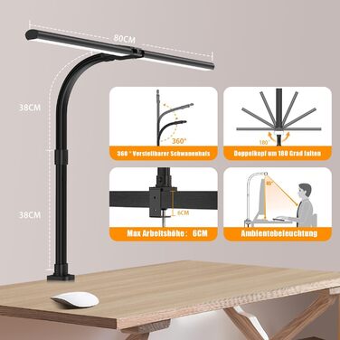 Настільна лампа Tantu з подвійною головою LED з регулюванням яскравості, настільні лампи потужністю 24 Вт 80 см затискні, 5 кольорів 5 рівнів яскравості Лампа денного світла Стіл, регульована офісна лампа на гусячій шиї Захист очей (чорний)