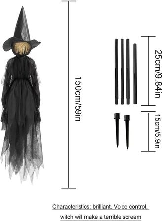 Прикраса на Хелловін на відкритому повітрі - Крик відьми зі звуковими датчиками, водонепроникна великомасштабна прикраса відьми на Хелловін для ганку на відкритому повітрі на галявині з датчиком руху, 1 шт. 1 шт.
