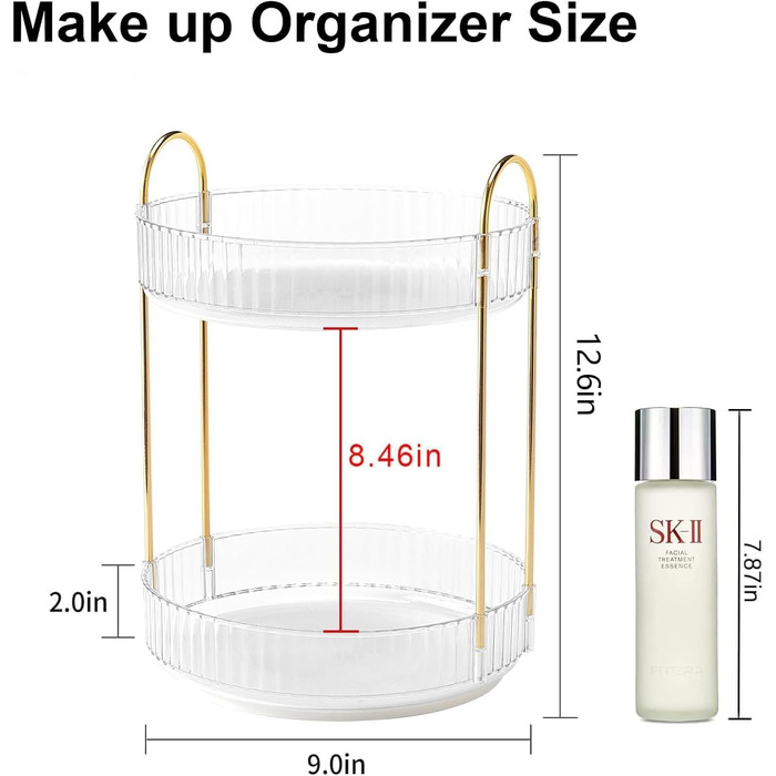 Органайзер для макіяжу MOACC, що обертається на 360, органайзери для макіяжу для комода Туалетний столик Система зберігання засобів для догляду за шкірою, 2 шари, прозорий 2 шари прозорий