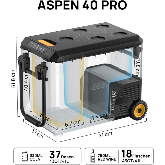 Компресорна холодильна камера BougeRV Aspen 40 PRO з подвійною зоною (20 20), автомобільна холодильна камера на 41 літр із зоною охолодження для морозива, холодильник 12В/24В, для автомобіля, вантажівки, кемпінгу, подорожей, 76 x 47,5 шт. 58,5 см