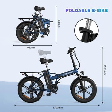 Електричний велосипед ECORUSH E Bike складний велосипед 20 4.0 Fat Tire, акумулятор 250W/48V/15Ah, потужний електричний велосипед, жирний велосипед для чоловіків та жінок Синій