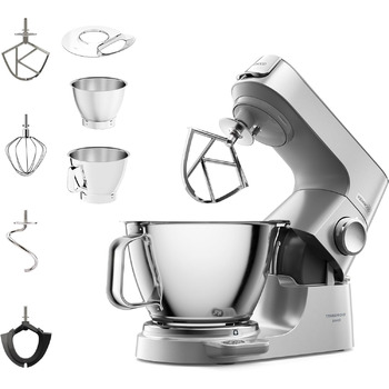 Кухонний комбайн Kenwood Titanium Chef Baker KVC85.004SI з вбудованими вагами, в т.ч. набір кондитерських виробів з 3 предметів, чаша для змішування 5 л і 3,5 л, безступінчастий регулятор швидкості, 1200 Вт, срібло