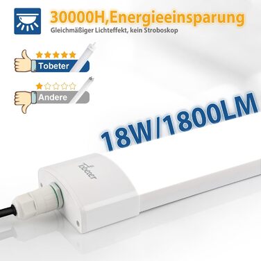 Світлодіодний вологонепроникний світильник 60 см, 18 Вт 1800LM світлодіодний трубчастий денний ліхтар, послідовне підключення, нейтральний білий 4000K, IP66 водонепроникний вологонепроникний світильник для гаража Підвал Майстерня Ванна кімната Офісний кор