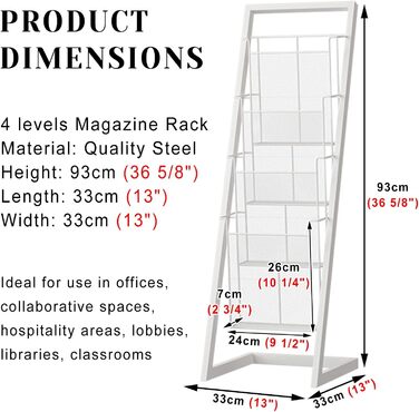 Підлоговий стелаж для журналів і брошур, 4/5 рівнів, металевий з широкою основою, кошики для журналів для розміщення на підлозі, для журналів, книг, газет, планшетів вдома або в офісі 93 см Білий