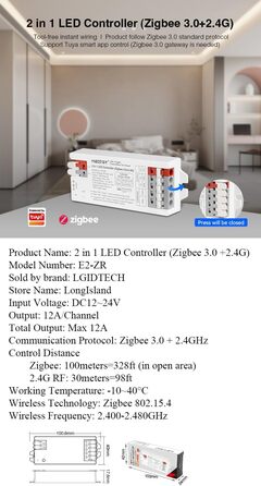 Світлодіодна стрічка LGIDTECH E2-ZR Miboxer Zigbee 2.4G 2-в-1 з проводкою без інструментів, використовується для одноколірних і двоколірних білих світлодіодних стрічок, постійного струму 12-24 В, управління зі смартфона через