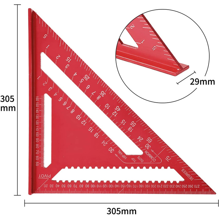 Дюймовий теслярський косинець, метричний трикутник, трикутна лінійка кутова металева для дизайну оздоблення, вимірювання кутів, зроби сам (червоний), 12-