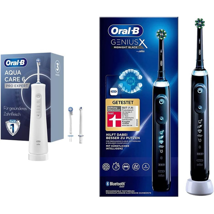 Бездротовий іригатор для порожнини рота Oral-B AquaCare 6, 3 змінні насадки, біла/сіра та електрична зубна щітка Genius X, 6 режимів чищення для догляду за зубами, додаток зі штучним інтелектом і Bluetooth, чорний