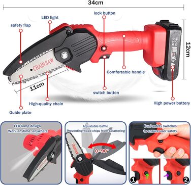 Міні-бензопила Bifrost з акумулятором 4-дюймова, акумуляторна ланцюгова пила Електрична одноручна ланцюгова пила Електрична акумуляторна ручна ланцюгова пила з 2 акумуляторами 2,0 Ач та 4 запасними ланцюгами, червона 4-дюймова червона міні-бензопила