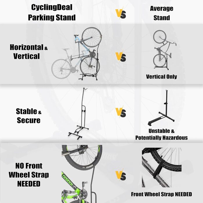 Велосипедна стійка CyclingDeal - високоякісна регульована вертикальна та горизонтальна парковка для велосипедів - безпечна та надійна для зберігання MTB та шосейних велосипедів