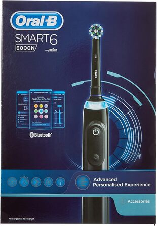 Електрична зубна щітка Oral-B Smart 6 6000N CrossAction, 1 чорна ручка для додатків із підключеною ручкою, 5 режимів, датчик тиску, 3 насадки для зубних щіток, подарунок, з дисплеєм у невидимому режимі