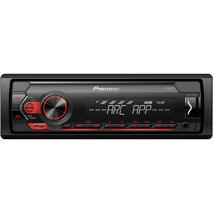 Приймач PIONEER 1-DIN з Bluetooth, червоним/білим підсвічуванням, роз'ємом USB/3,5 мм, Spotify, додатком Pioneer Smart Sync і сумісний з пристроями Apple і Android, червоний/чорний, MVH-S420BT (чорний, червоний, керування iPhone, одинарний)