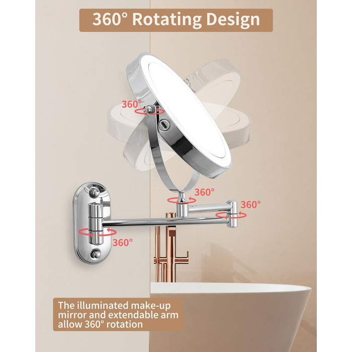 Дзеркало косметичне дзеркало для гоління дзеркало для гоління 360 поворотне настінне дзеркало для макіяжу для ванної кімнати з / 10 шт. освітленням дзеркало збільшення з освітленням 3 кольори вогнів