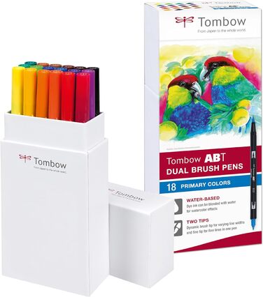 Ручка з двома щітками Tombow ABT-18P-1 Fiber Pen з двома наконечниками 18 шт. , основні кольори