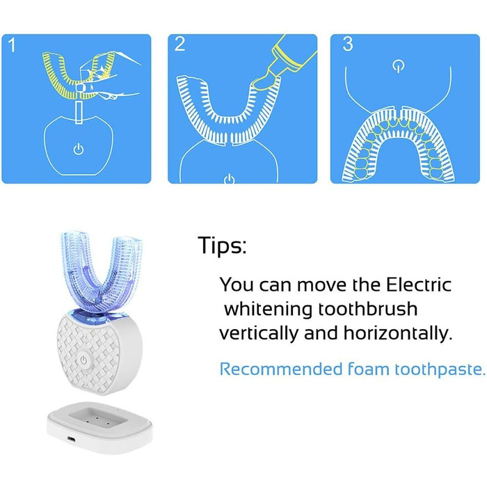 Ультразвукова електрична зубна щітка, електрична зубна щітка 360 повністю автоматична ультразвукова водонепроникна IPX7 AI Автоматична функція пам'яті Blu-ray Відбілювання Акумуляторне (біле)
