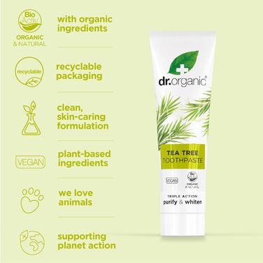 Зубна паста Dr Organic Tea Tree, очищувальна, натуральна, натуральна, веганська, без жорстокості, без парабенів і SLS, органічна, 100 мл, упаковка може варіюватися (упаковка з 3 шт. ) 100 мл (упаковка з 3 шт. )