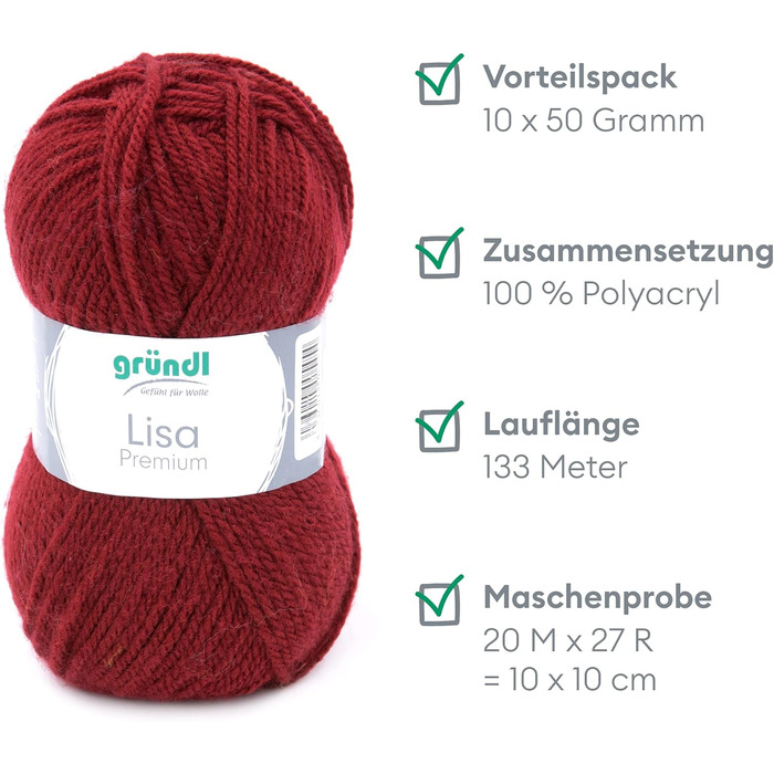 Пряжа Grndl Lisa Premium Uni Knitting & Crochet Yarn (м'яка і вовняна характер, проста в догляді миється трикотажна пряжа з 100 поліакрилу, 50 г/ 133 м, розмір голки 3,5 - 4,5, 10 клубків по 50 г кожен), (бордо)