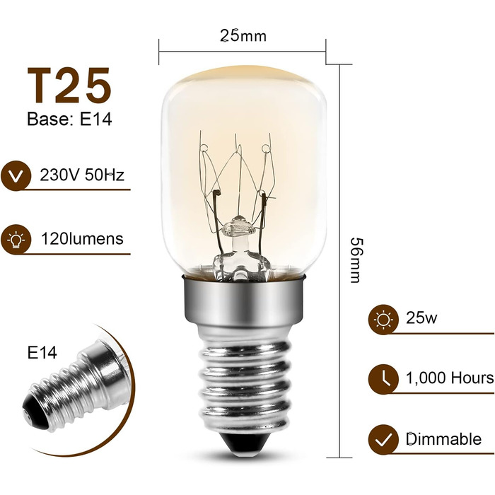 Лампа для духовки Comyan 25 Вт, малий гвинт E14, цоколь T25, лампи для духовки, лампи Pygmy 300 C для мікрохвильової печі/духовки/сольової лампи, 4 шт.