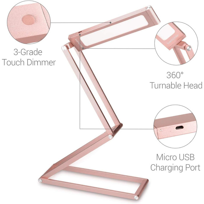 Світлодіодна алюмінієва настільна лампа з поворотною головкою - Акумуляторна лампа для читання, складна з зарядним кабелем Micro USB - Алюмінієва настільна лампа Складна лампа (рожеве золото)