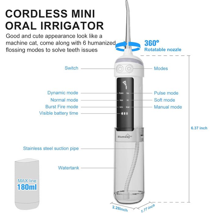 Акумуляторний електричний іригатор для порожнини рота BlumWay, водяний флоссер з 6 режимами та 4 насадками, зарядка від USB Іригатор для порожнини рота Waterflosser IPX7 Водонепроникний очищувач зубів для дому, подорожей, офісу