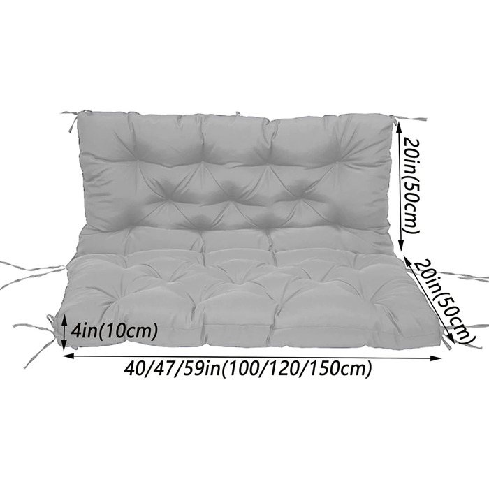 Подушка для садової лавки, водонепроникна, 3-місна, зі спинкою та ременями, товщиною 4 см, подушка для дерев'яної лавки, шезлонг, хакі, 120 x 100 x 10 см