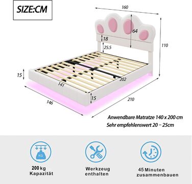 Дитяче ліжко з м'якою оббивкою, плаваючий каркас ліжка зі світлодіодним підсвічуванням, з узголів'ям у вигляді котячої лапи та 4 автоматичними режимами перемикання, підходить для спальні (матрац не в кольорі (Розмір 140 см * 200 см, Колір бежевий) 140 см 