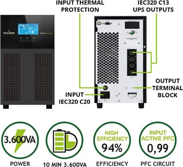 Джерело безперебійного живлення Tecnoware UPS EVO DSP PLUS 3600 - Онлайн-технологія, монтажна вежа - 8 виходів IEC - Автономність до 40 хв - Потужність (3600 ВА, вежа)