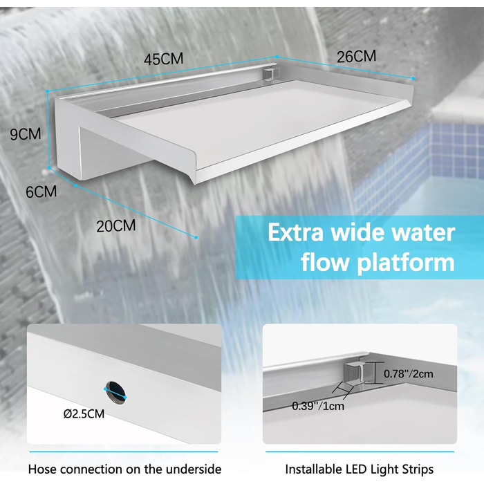 Е-АНГ. W Ставок-водоспад, фонтан для басейну з водоспадом з нержавіючої сталі з аксесуарами, широкий вилив, водний об'єкт, садовий водоспад, для садового дворика, басейну, фонтану, прикраси ставка (45 см)