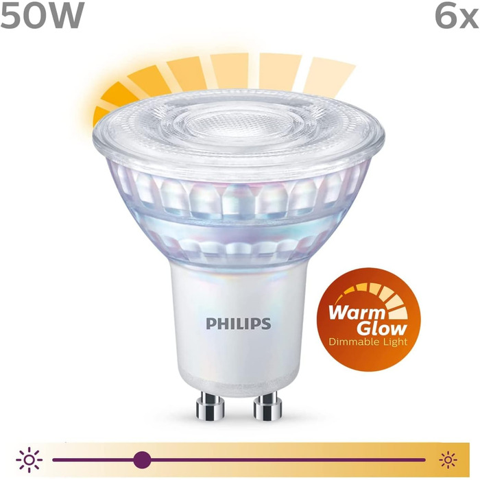 Лампи Philips LED Classic GU10 теплого світіння (50 Вт), світлодіодні плями з рефлектором із регулюванням яскравості та теплим білим світлом, енергозберігаючі лампи з тривалим терміном служби (50 Вт, упаковка з 2 шт. , з можливістю затемнення теплого світ