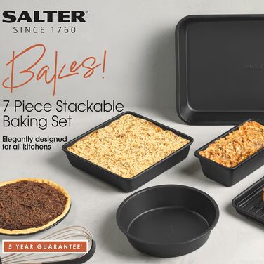 Набір посуду для випічки Salter BW12572EU7 Bakes з 7 предметів - з антипригарним покриттям з деком, формою для торта, формою для пирога, сковородою для брауні, банкою для смаження, стійкою для охолодження, компактним зберіганням, духовкою безпечною до 220