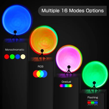 Лампа заходу сонця CoMokin, 16 режимів барвиста проекційна лампа на захід сонця, лампа заходу сонця, райдужна проекційна лампа, світлодіодний нічник з обертанням на 360 і штатив для прикраси спальні на тему вечірки