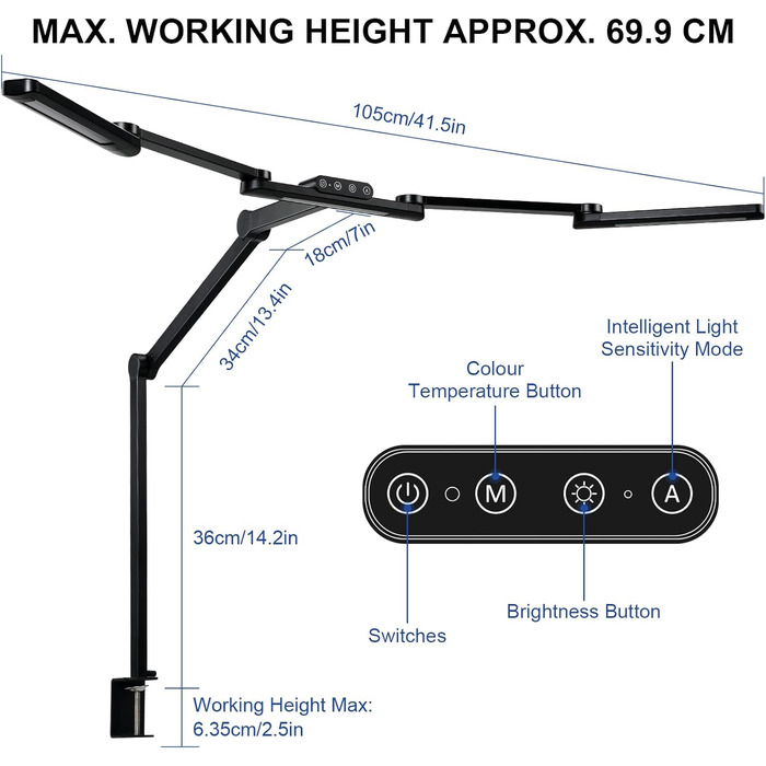 Настільна лампа Lightess Світлодіодна лампа з регулюванням яскравості, настільна лампа 105 см 24 Вт, сенсорна настільна лампа Моніторна лампа, 5 рівнів яскравості колірної температури Лампа денного світла з пам'яттю для архітекторів Домашній офіс Чорний