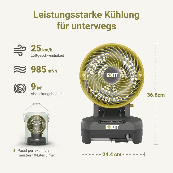 Портативний вентилятор EXIT 20 В EX022, який працює від батареї, має 3 швидкості та 3 налаштування, ідеально підходить для кемпінгу, барбекю та пляжу. Включно з акумулятором 2,0 Ач